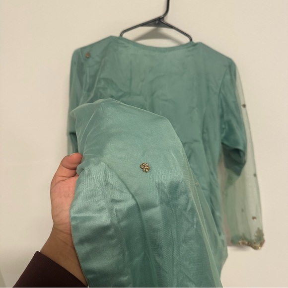 Mint Green and Gold Three-Piece Salwar Kameez Heavy Stonework| Size Approx Large - Picture 11 of 14